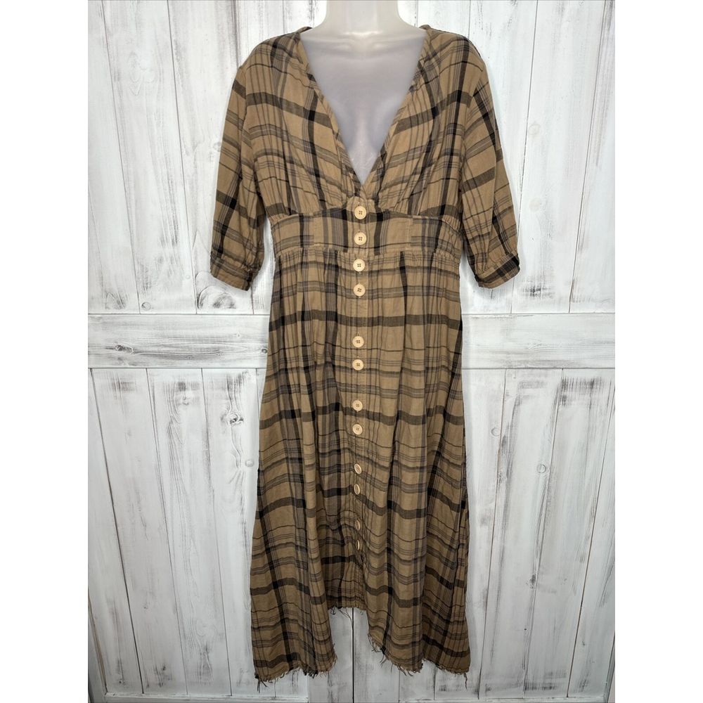 Free People X Cp Shades Laura Brown Plaid Frayed Button Up Cotton Midi Dress S